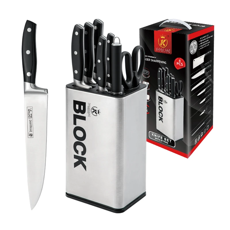 Набор кухонных ножей King из 8 предметов, лучший набор ножей мясника шеф-повара, минималистичный коммерческий набор ножей для ресторана с металлическим блоком