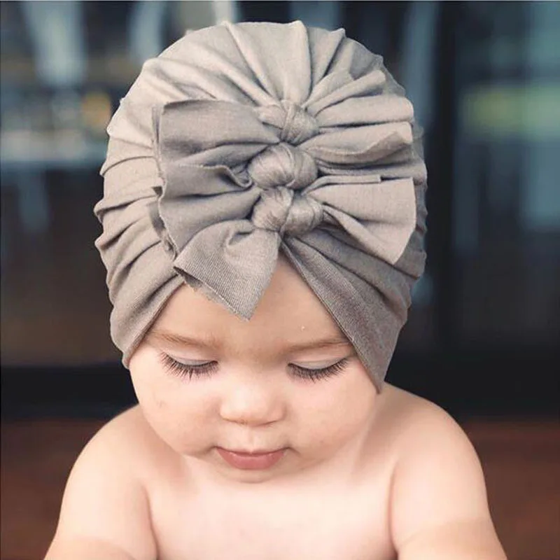 Many Stock Colors Baby Girls Velvet Big Bow Knot Knitted Headwrap Bonnet Newborn Beanie Indian Muslim Turban Hat for Babies