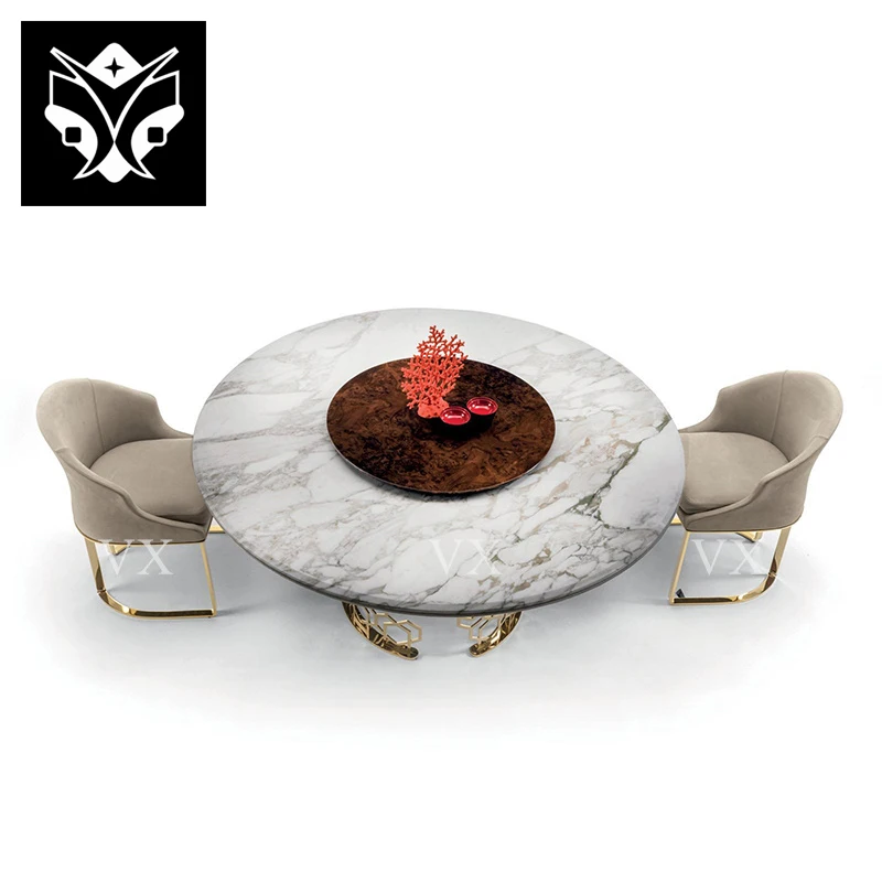 Hot Selling Quality Stainless Steel Base Round Marble Dining Table Set With Lazy Susan For Dining Room Home Furniture