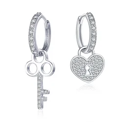 Fashion 925 sterling silver keys and locks cubic zirconia dangle handmade drop earrings hoop