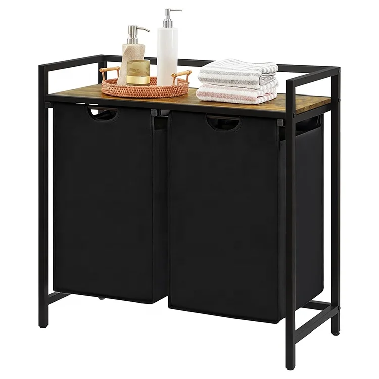 Large capacity 3 compartments rustic dirty clothes storage wood laundry hamper basket with drawer