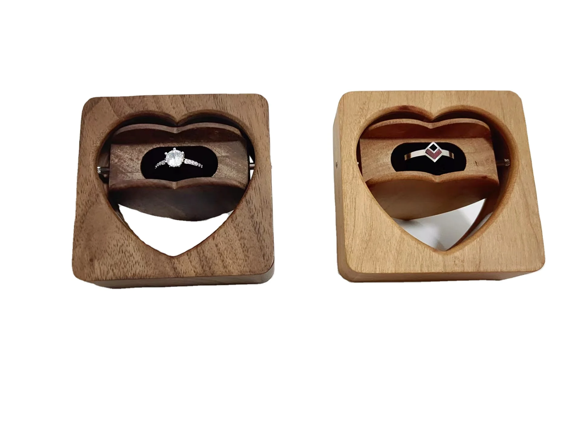 Custom Logo Heart Wood Ring Box Packaging Luxury Gift Ring Case Mini Boxing Ring Wedding Jewelry Display Storage Boxes