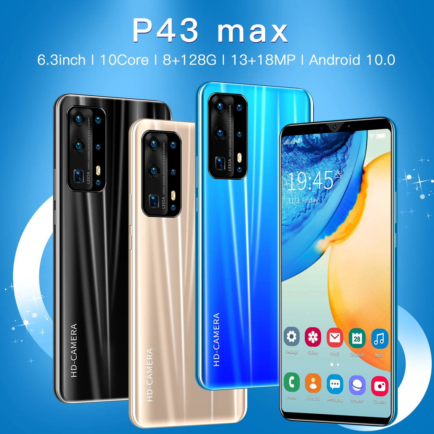 P43 Max 6.3 Inch 8 GB + 128 GB Low Price Mobile Smart Phones 4G Android Smartphone Unlocked Cell Phones Mobile Android 10.0