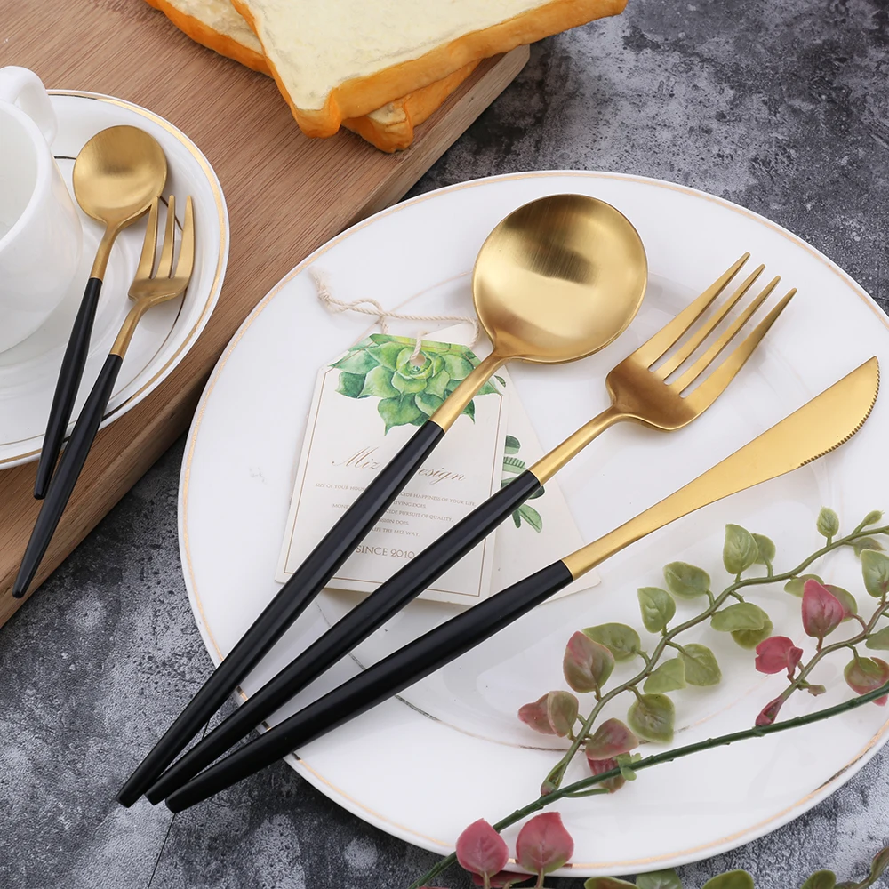
Wholesale Golden Round Handle United Cutlery Set For Wedding Gift Black Gold Matte Stainless Steel Restaurant Flatware Sets 