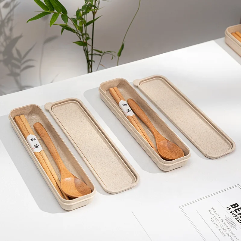Chopsticks Spoon Travel Utensils Reusable Portable Wooden Cutlery set with Wheat Straw Case