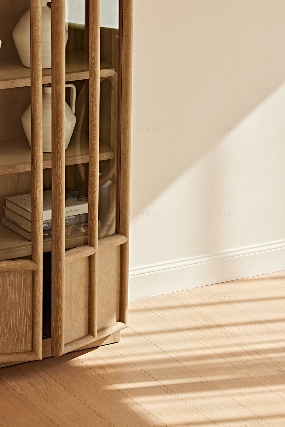 Modern Vintage Japanese Farmhouse Furniture Glass Oak Wood Display Cabinet for Living Room and Dining Room Furniture