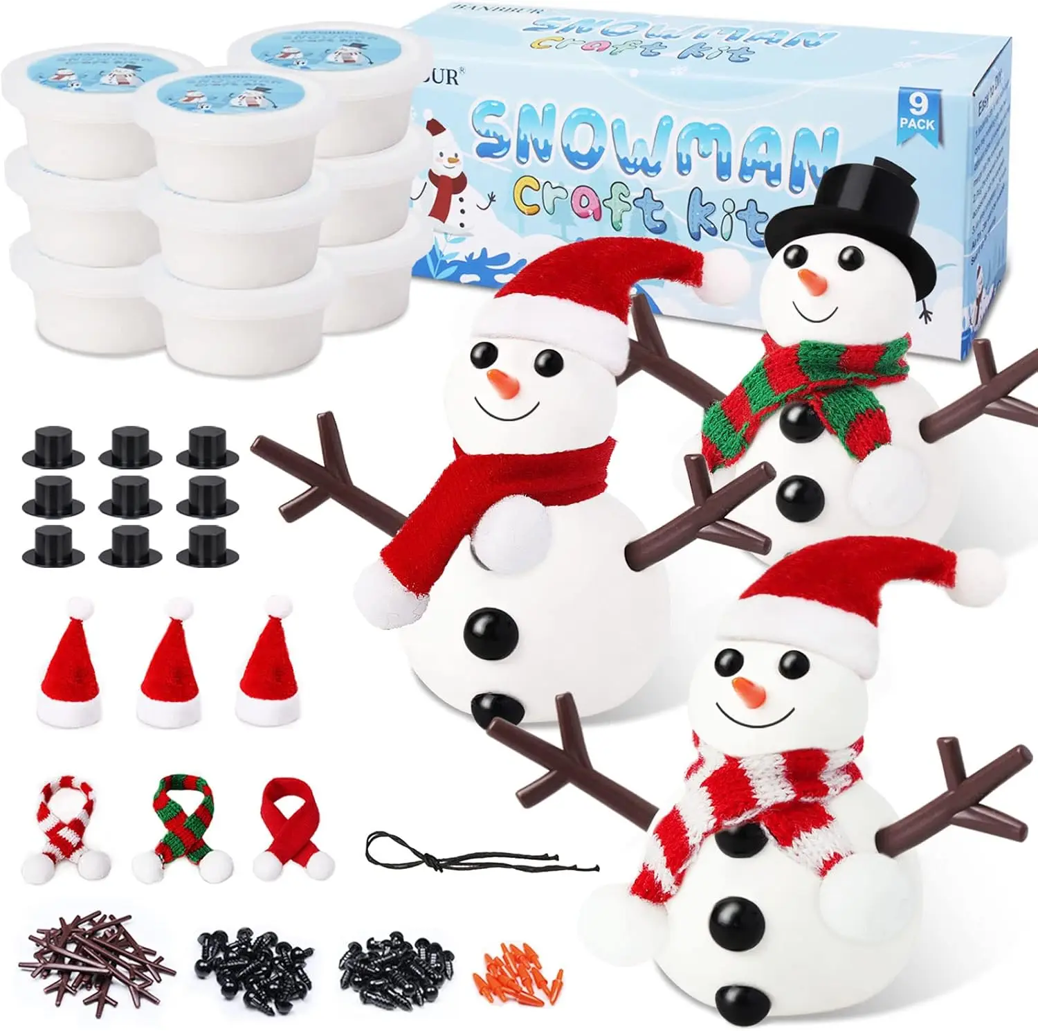 9 Pack Build a Snowman Kit Snowman Crafts for Kids,Modeling Clay Snowman DIY Kit, Christmas Stocking Stuffers
