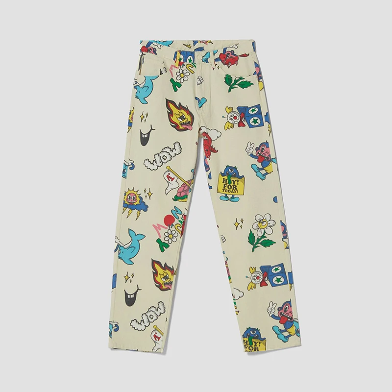 New Fashion Custom Logo Oversize Jeans Cartoon Printed Beige Color Baggy Denim Pants For Men Streetwear