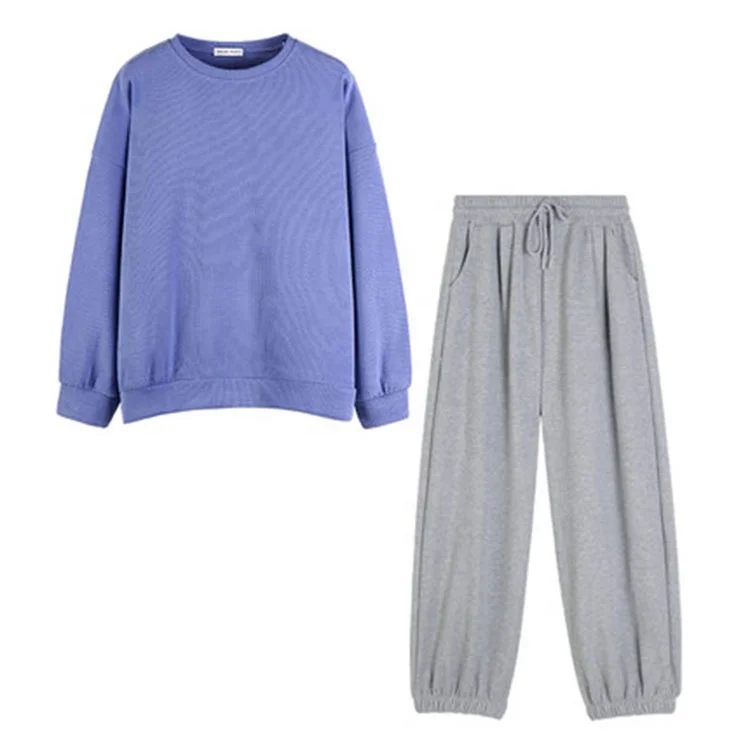 Оптовая продажа, Осенние новые мужские и женские свободные повседневные однотонные свитшоты с круглым вырезом и спущенными плечами, комплекты из двух предметов