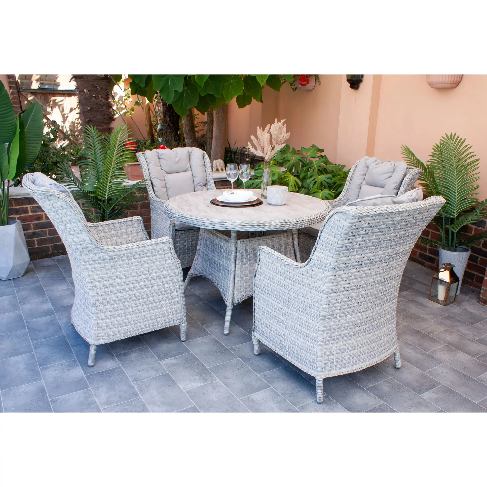 Cheap Waterproof 4 Person Outdoor Dining Furniture Rattan Round Table Grey outdoor Balcony garden set