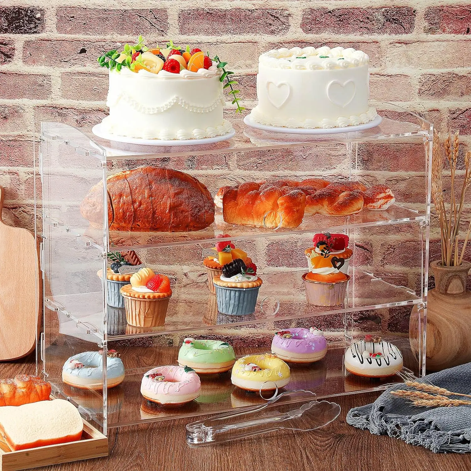 Acrylic Bakery Display Case 3 Tier Bread Box Counter Pastry Display Case Clear Cake Donut Cookie Cabinet for Retail Party