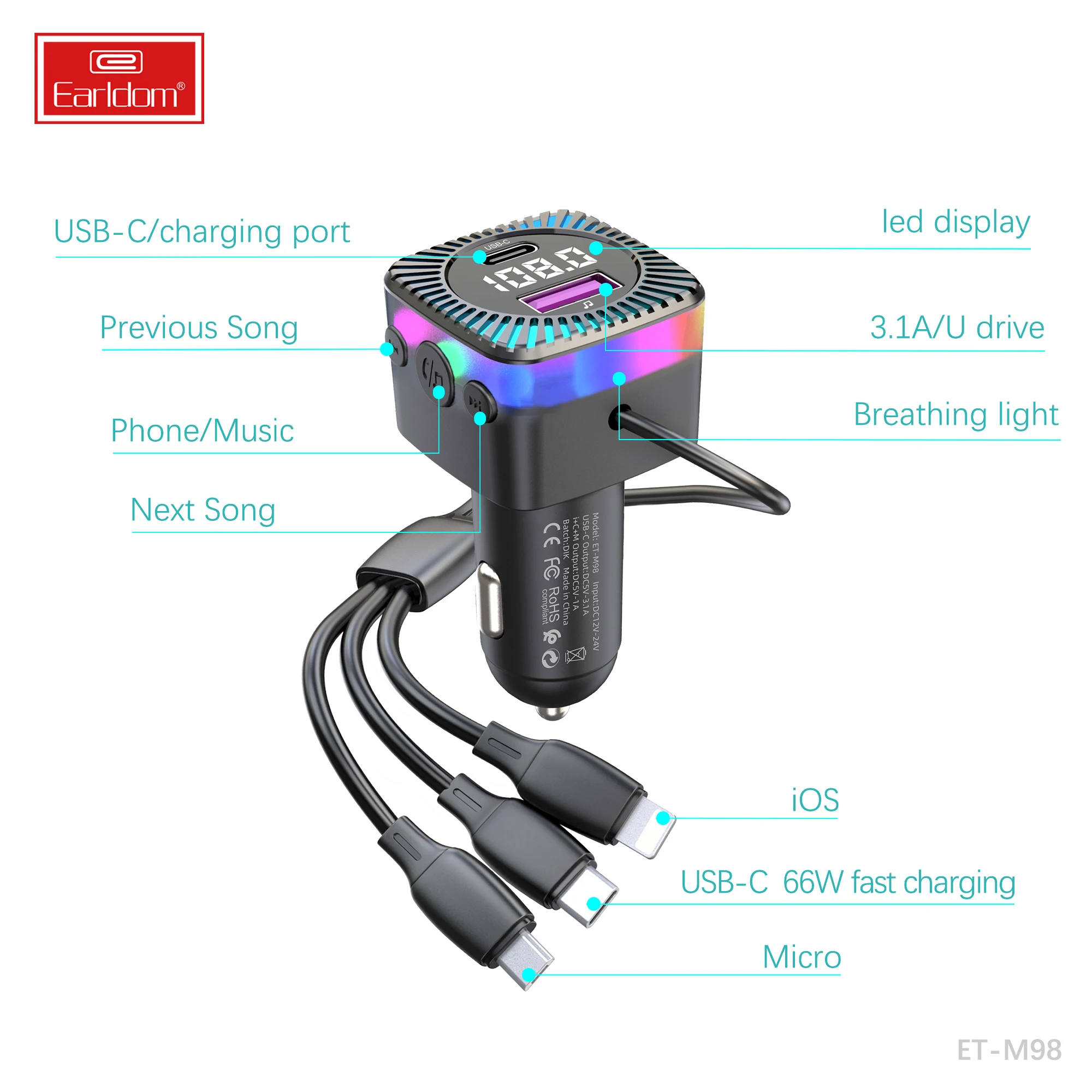 EARLDOM New Car Blue-tooth 5.3 FM Transmitter Dual USB 66W Fast Charger Wireless Handsfree Audio Receiver MP3 Player Car Kit