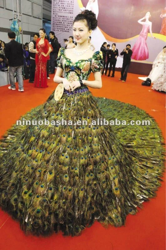 NW260 Noble Boutique Embroidery Bodice with Stunning Peacock Feather Skirt Wedding Dress