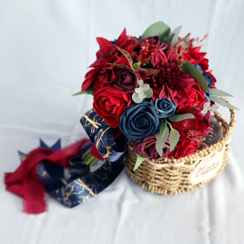 SPH051 Simulated Wine Red Royal Blue Bride Holding Artificial Flowers Traditional Chinese Marriage Bridal Bouquet For Wedding