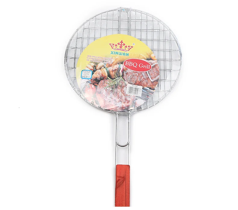 Fish Meat Roast Grates Wood Handle Metal Cooking Round Grid Net Barbecue Grill Wire Mesh BBQ Accessories
