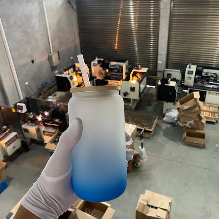 Flypeak New Arrival 12oz 16oz Clear Transparent Frosted Iridescent Sublimation Soda Can Glass Tumbler With Bamboo Lid And Straw