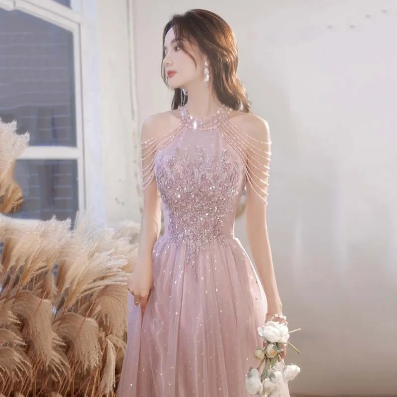 Pink evening dress female new 2023 summer autumn temperament socialite senior sense banquet bridesmaids engagement birthday host