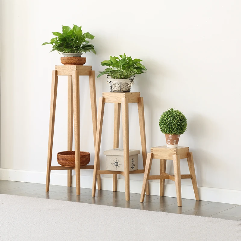 Wholesale Living Room Multi Functional Oak Wood Pot Stand Flower Plants Display Pot Rack
