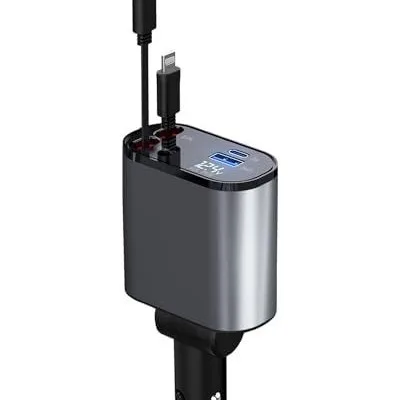 2024 New Car Charger Flash Charging Plug Cigarette Lighter 60W 2 Retractable Cable USB Type-C Car Charger Adapter