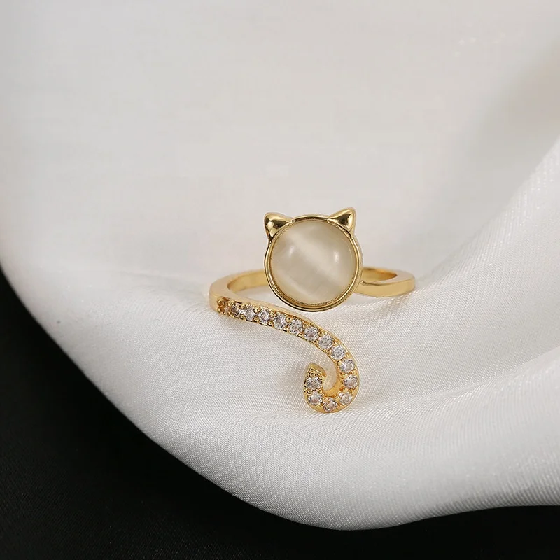 INS 18k Gold Plated Cat Opal Zircon Open Adjustable Rings for Women Jewelry Wholesale