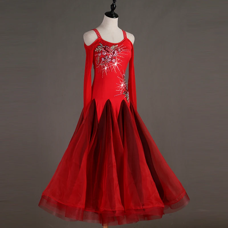 Professional modern dance red flowers competition dress ballroom dance group performance suit waltz tango skirts