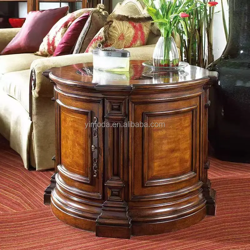 Antique classical Living Room brown wooden carved Small round Wood side end table