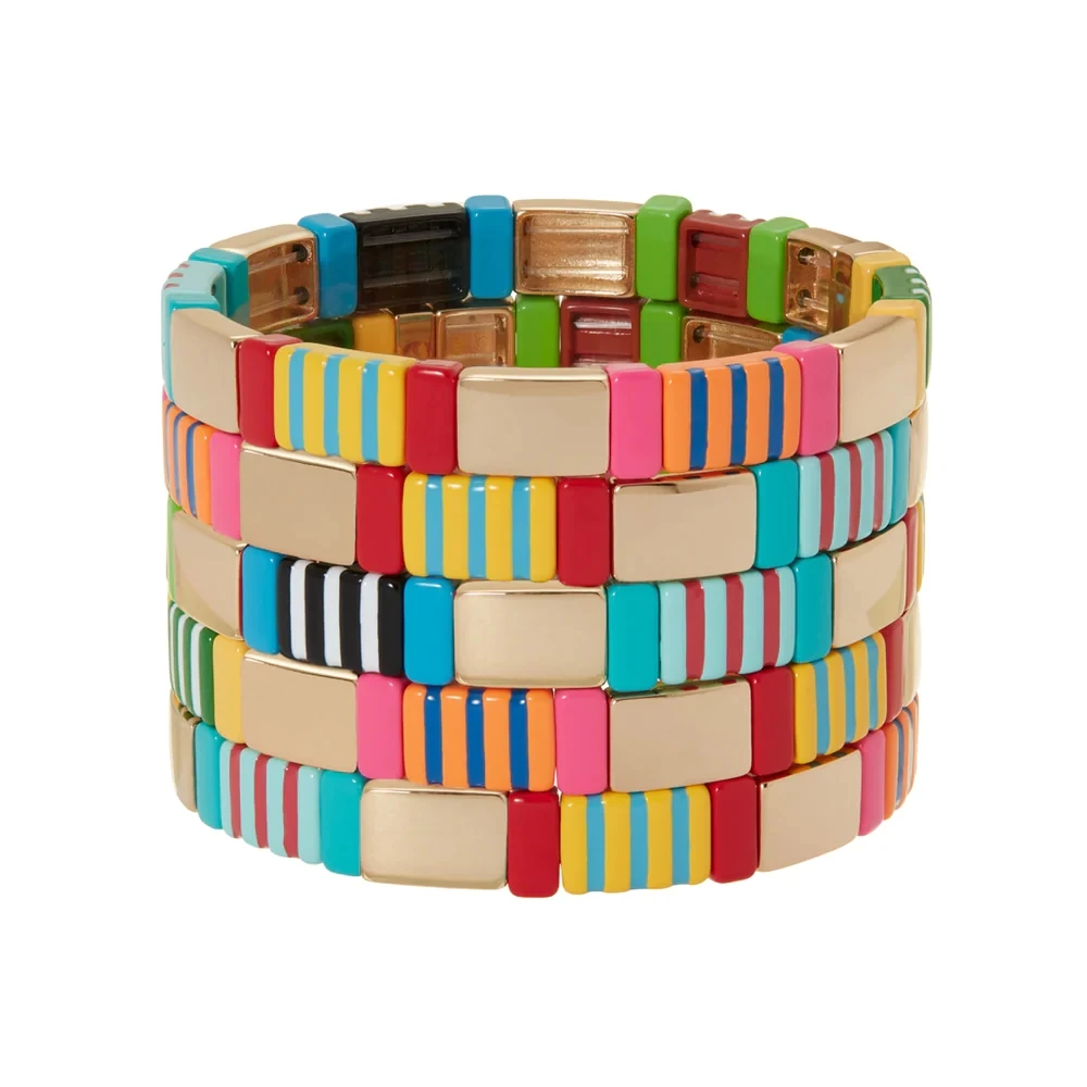 Customized New Fashion Jewelry Rainbow Enamel Tile Bracelet for Women Colorful Enamel Beaded Stretch Bracelet