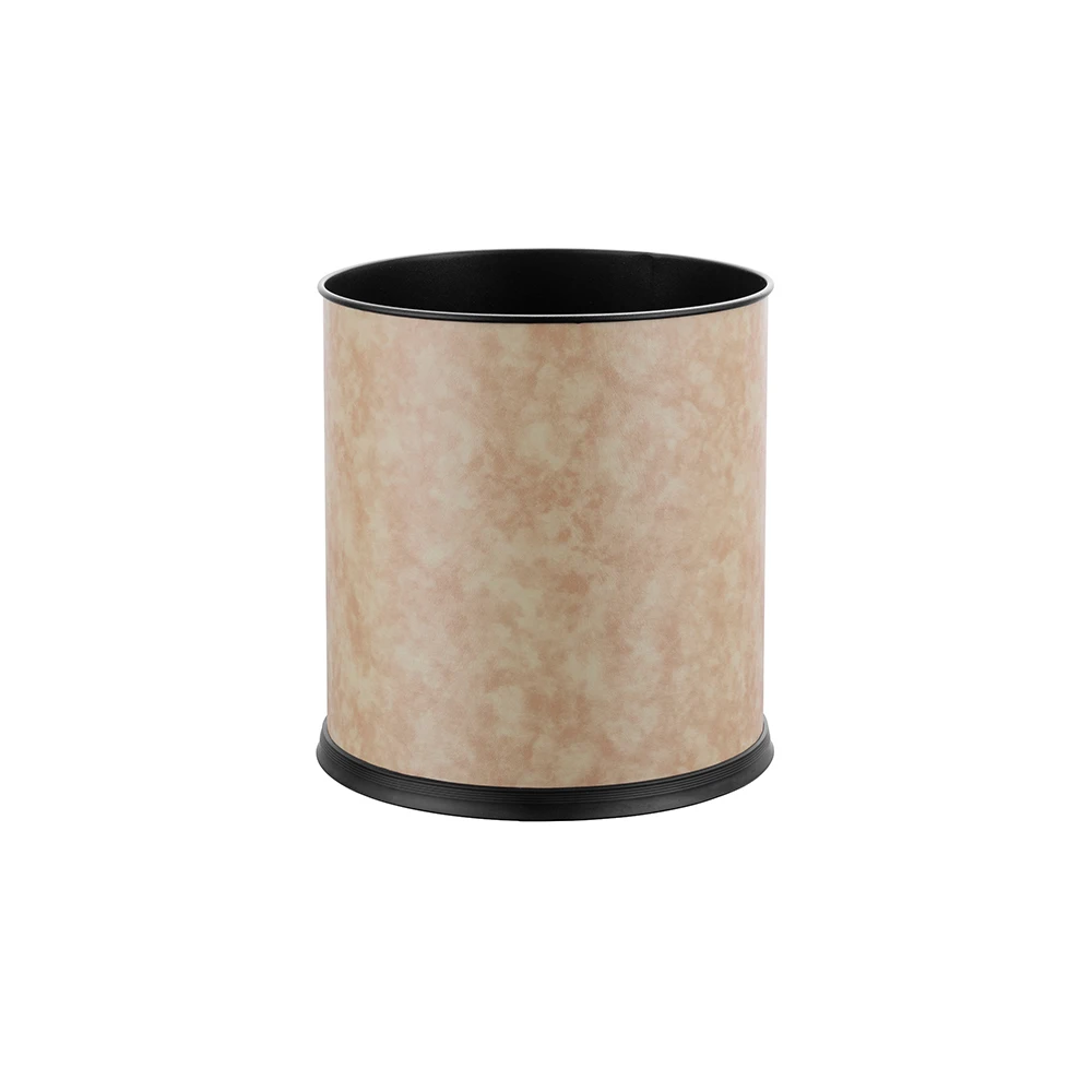 Elegant Double-Layer round Leather and Stainless Steel Guest Room Waste Bin for Hotels and Restaurants