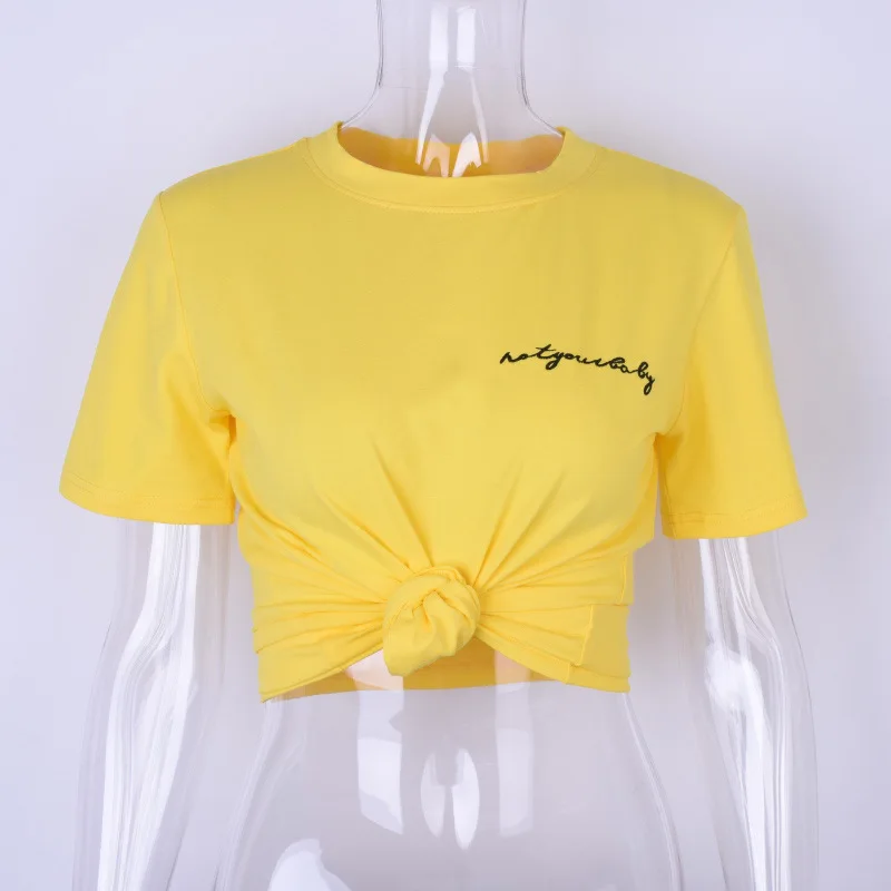 
Ladies bulk fashion logo embroidered yellow cotton t shirts for young women 