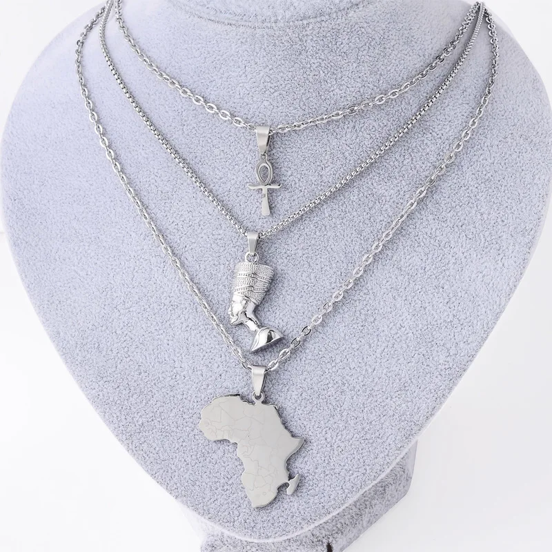 Hot Selling Waterproof Non Tarnish Jewelry Stainless Steel 18k Gold Plated Egyptian Queen Nefertiti Ankh Africa Map Necklace Set