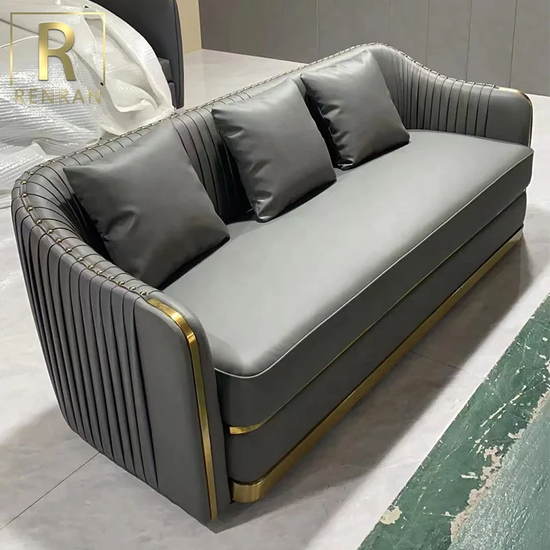 Modern home furniture 3-seater couch corner sofa with stainless steel base luxury velvet tufted sofa set for living room