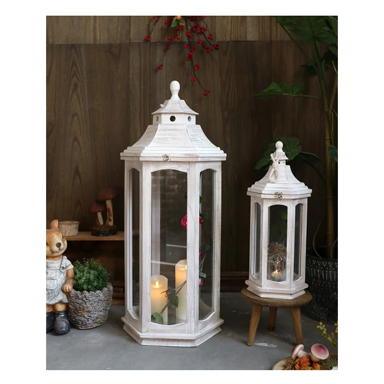 Decorative Lantern Retro Wooden Shooting Props Glass Lantern Candle Jars