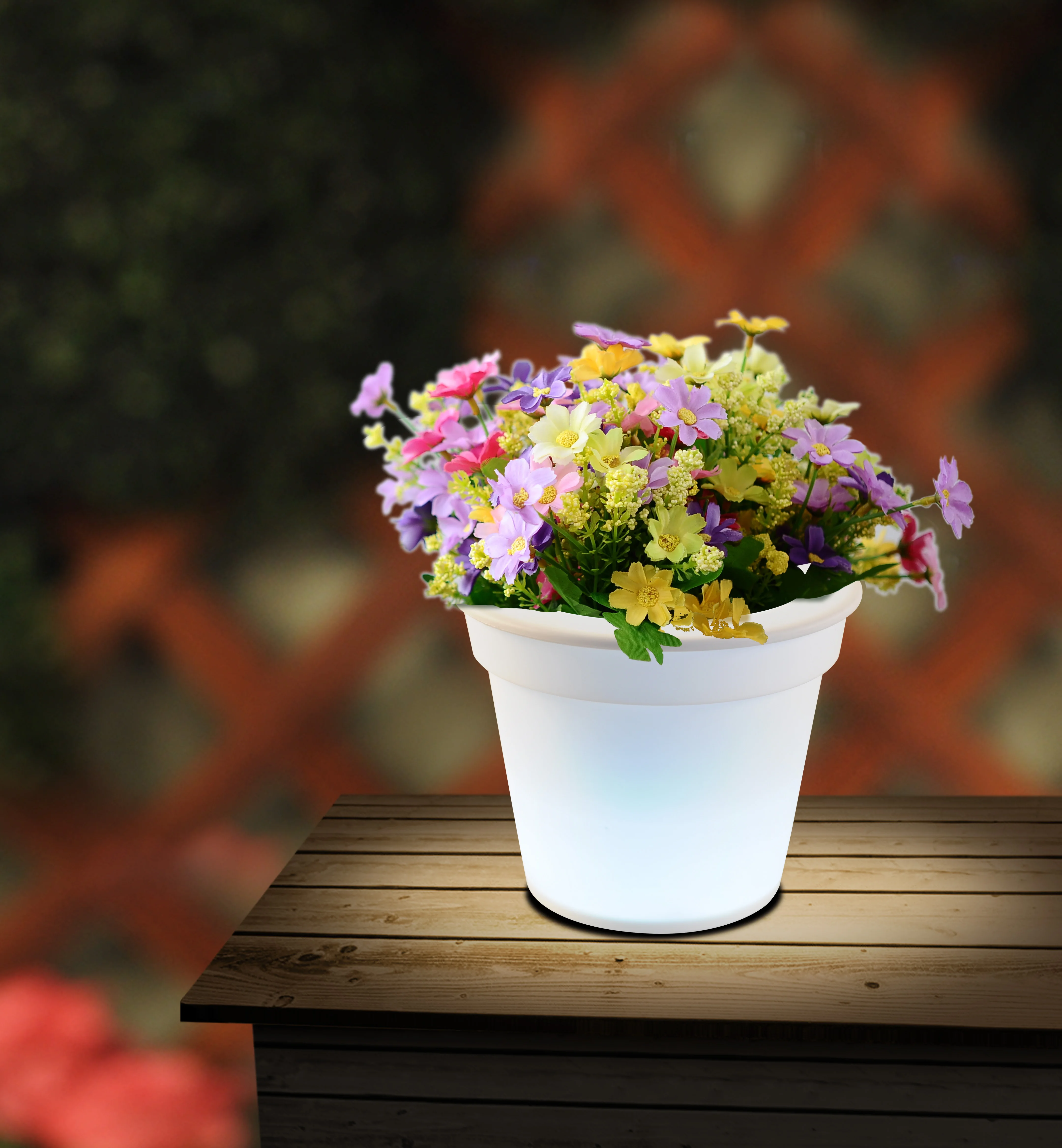 ENJOYSOLAR New Arrival Led Planter Solar Led Flower Pot with Rechargeable Small Plastic Used with Artificial Flower White Box
