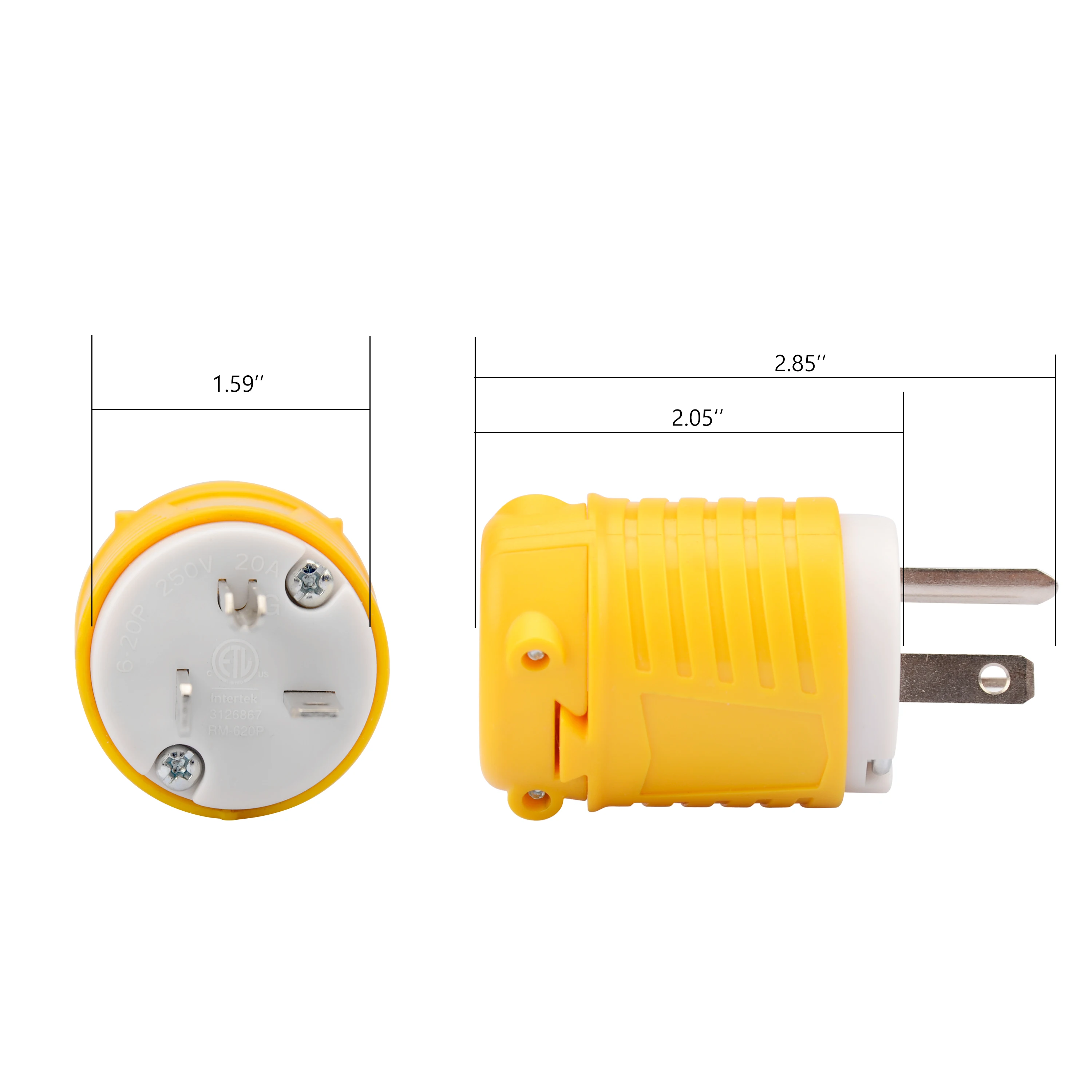 NEMA 6-20P Straight Blade Replacement Plug Connector Male Extension Cord Ends 20A 250V 2 Pole 3 Wire Grounding, ETL Listed