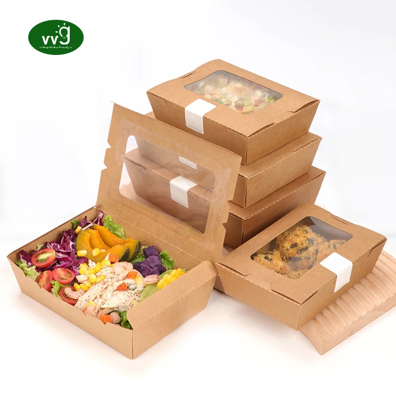 VVG custom fast food take away takeout food container with window custom biodegradable kraft paper box for food