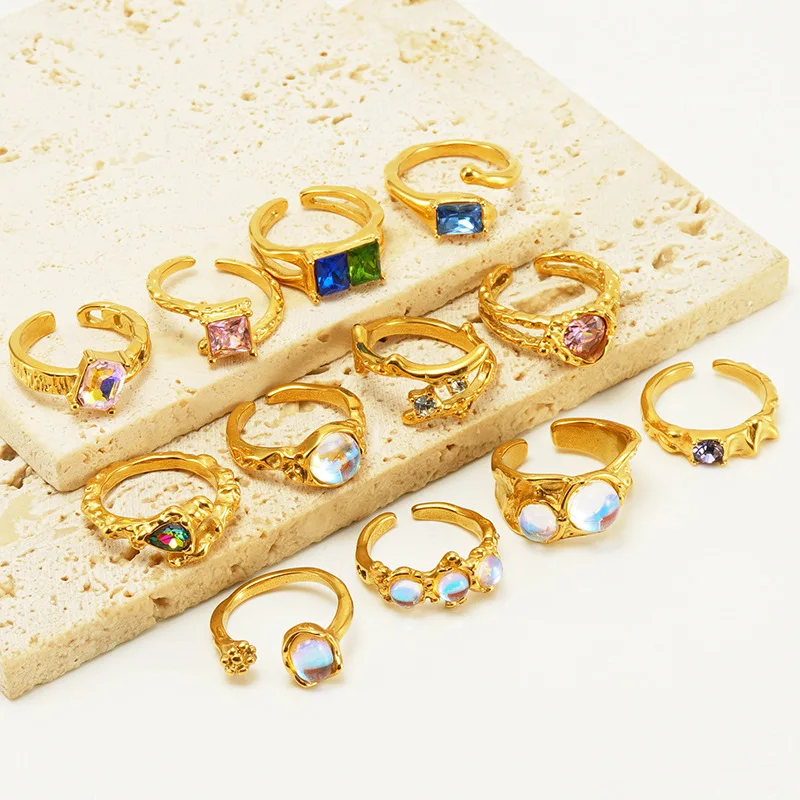 Luxury Trendy Multicolor Geometric Crystal 18K Gold Plated Adjustable Open Rings Waterproof Not Fade Ring Fashion Jewelry