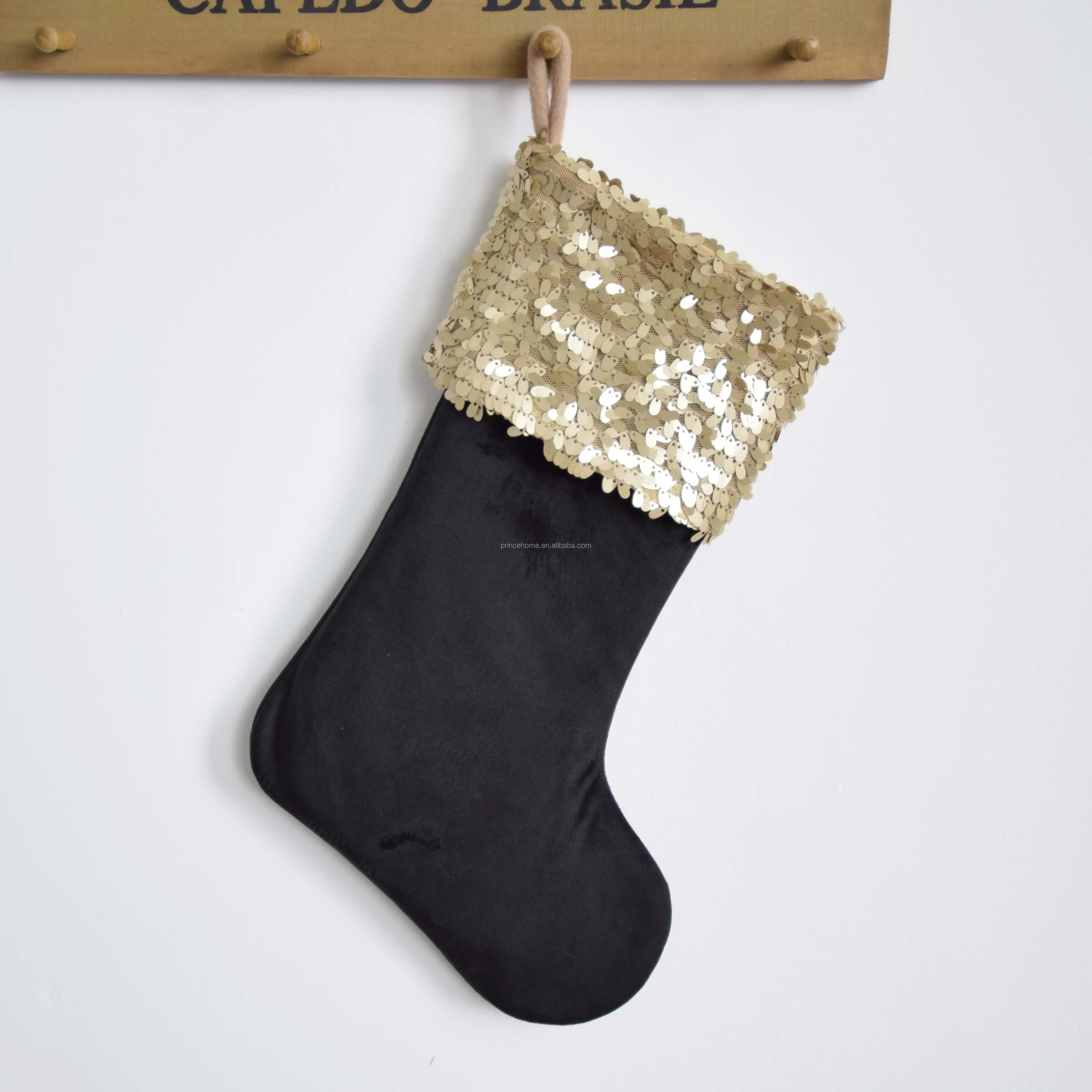 Wholesale High quality black velvet Christmas stockings with glitter sparkly cuff Christmas gift bag
