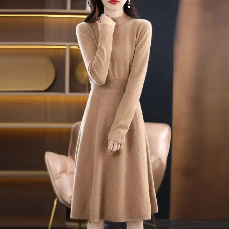 2024 Spring new arrival fashion lady middle high neck long sleeve slim fit high waist loose hip women sweater dress