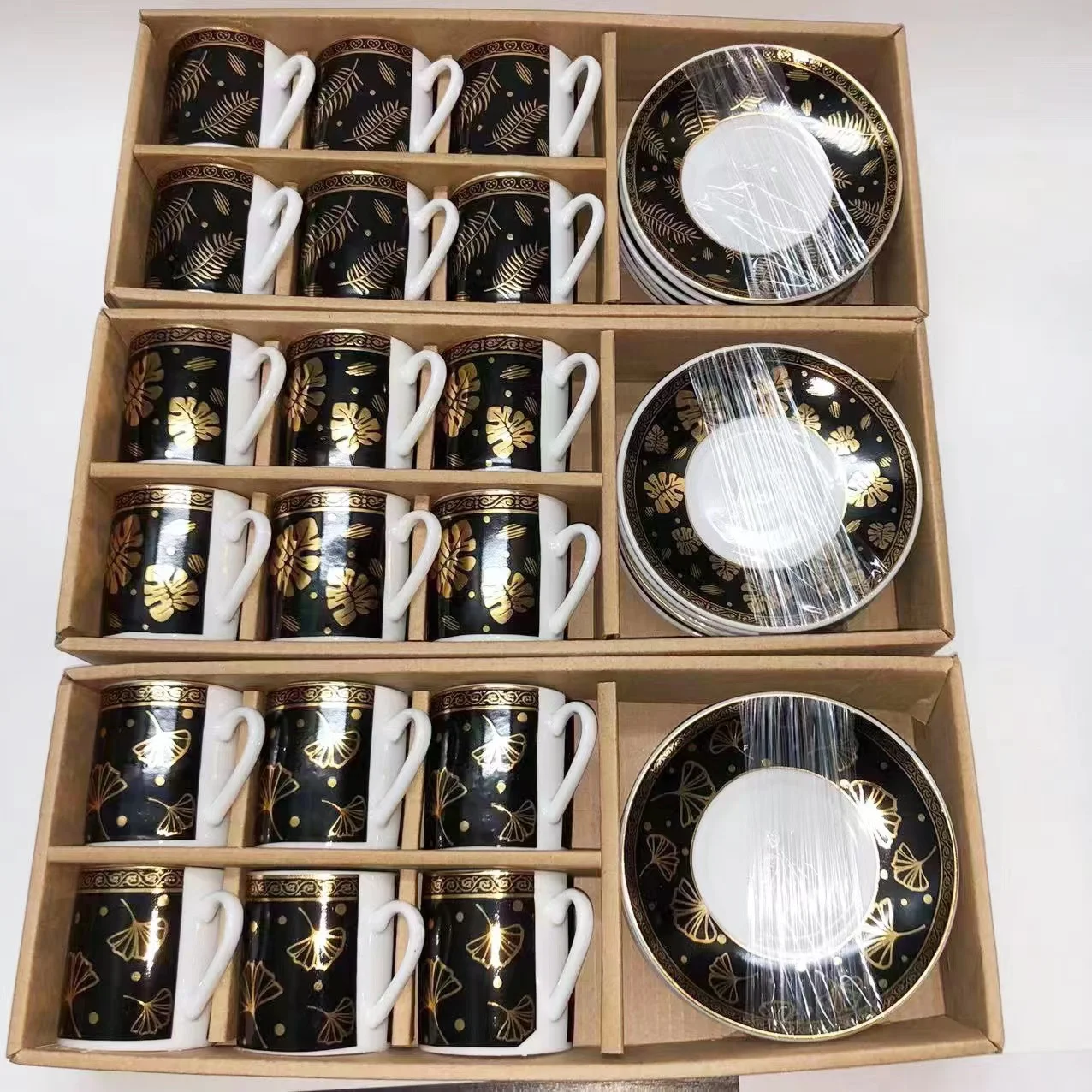 Оптовая Продажа 80 мл Роскошная чайная чашка керамическая белая Золотая с узором кофейная молочная фарфоровая и блюдце набор эспрессо