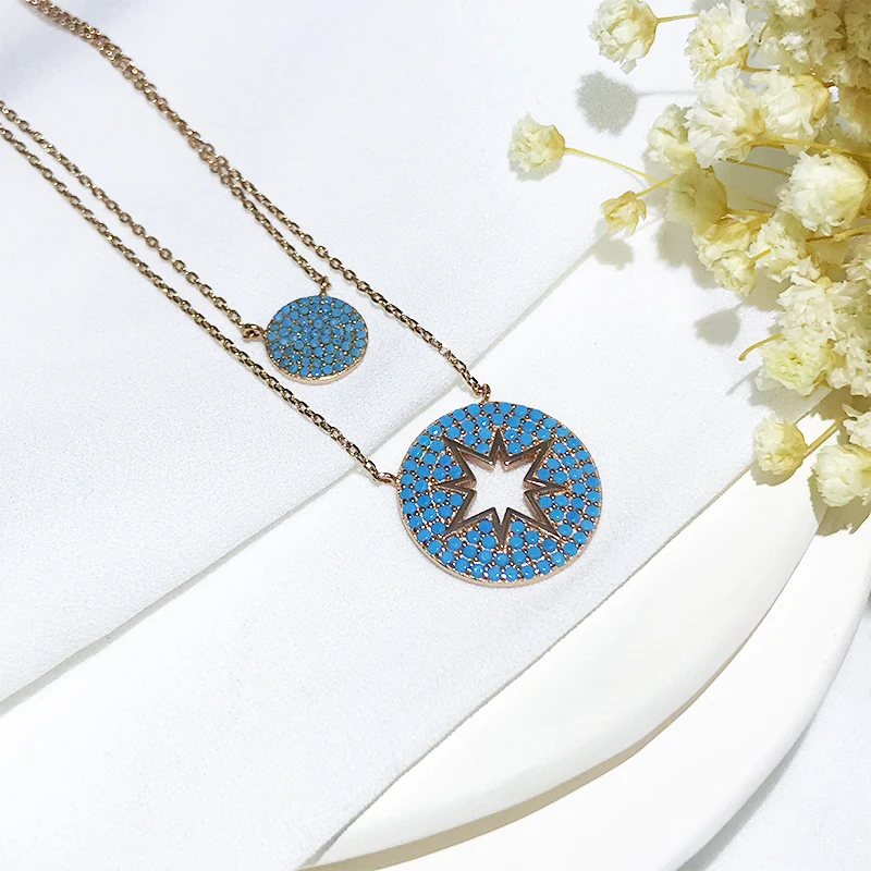 Round Turkey Wholesale Sterling Silver Polaris Blue Zircon Pendant Double Layer Chain Elegant Vintage Necklace Jewelry