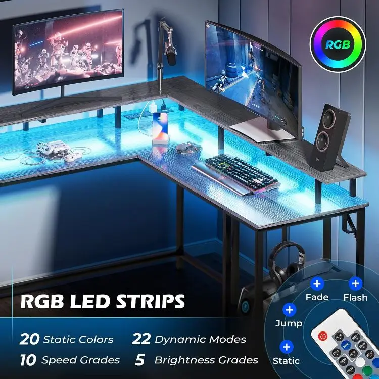 Wholesale L Shaped Computer Gaming Desk with Power Outlets & LED Lights Monitor Stand & Storage Shelf Home Office Corner Desk wi