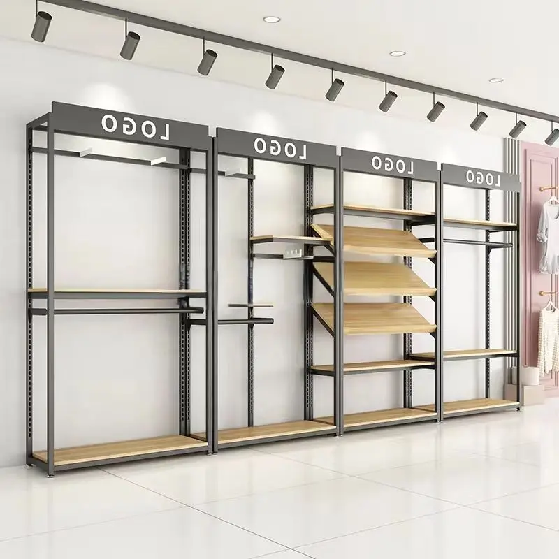 Custom LOGO Fashion Boutique Gold Stainless Steel Garment Display Stand Retail Store Free Standing Clothing Display Shelves