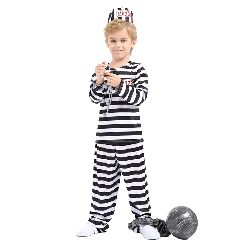Carnival role play prisoner black and white costume convicts or inmates uniform for kids