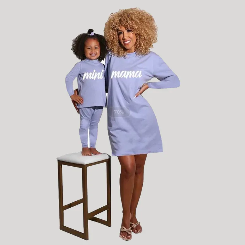 C193-1 wholesale custom logo baby dresses little girl fall solid mama mini sets pajamas two piece set mommy and me outfits