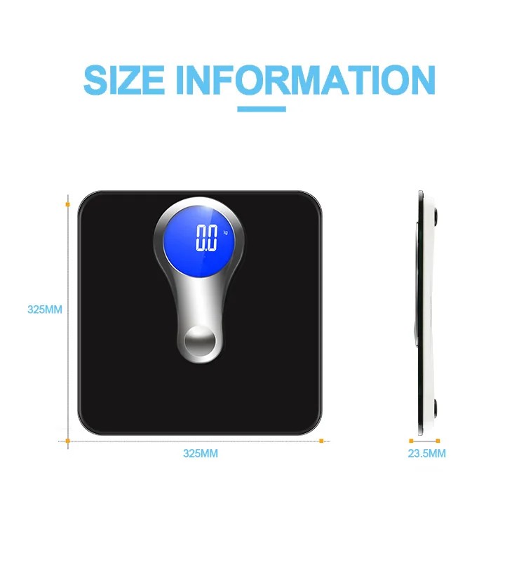 
Backlight function memory 10 persons over load indication Low battery indication body scale bathroom scale 