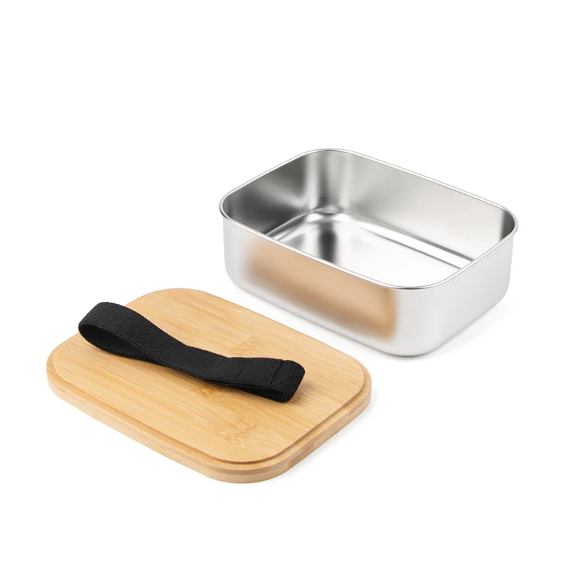 Wholesale Stainless Steel Lunch Box with Bamboo Lid Portable One Compartment Custom Logo Bento Box for School Office Picnic