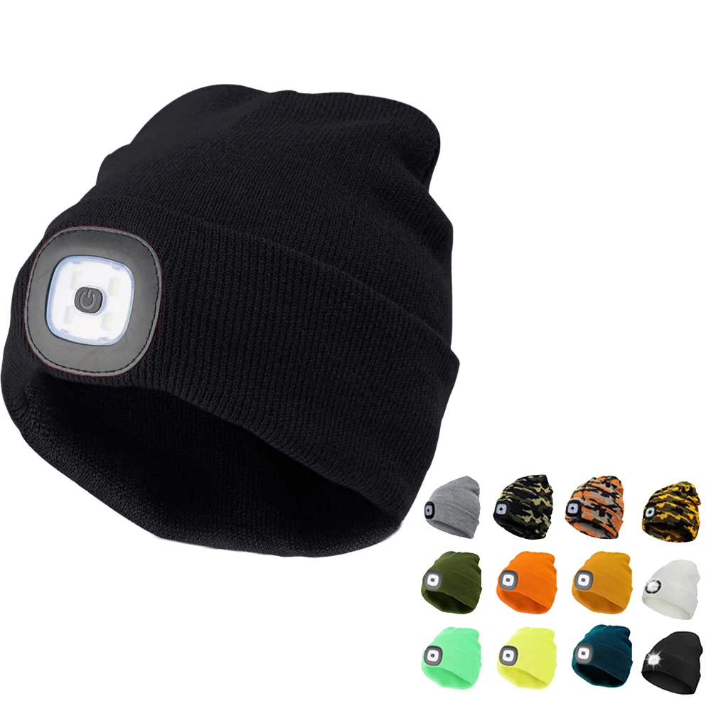 Unisex Winter Gifts for Men Father Beanie hat Winter Knitted Cap with The Light USB Rechargeable LED Headlamp Beanie
