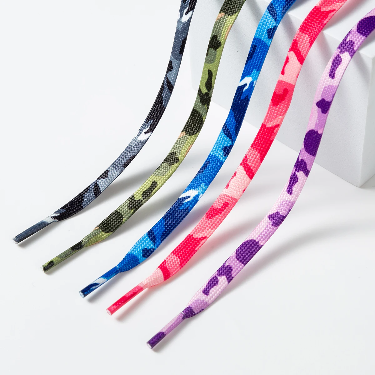 New Custom Wholesale Korean Designer Flat Camouflage Printing Polyester Double-deck Shoe Laces for Canvas Shoes