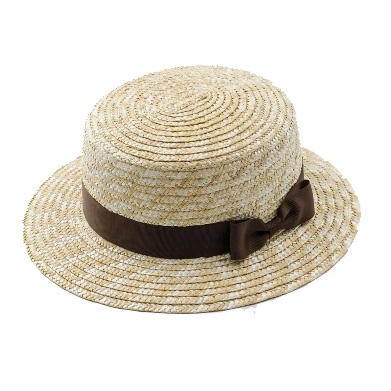 School wide brim straw boater hat custom women wheat straw hat with bowknot