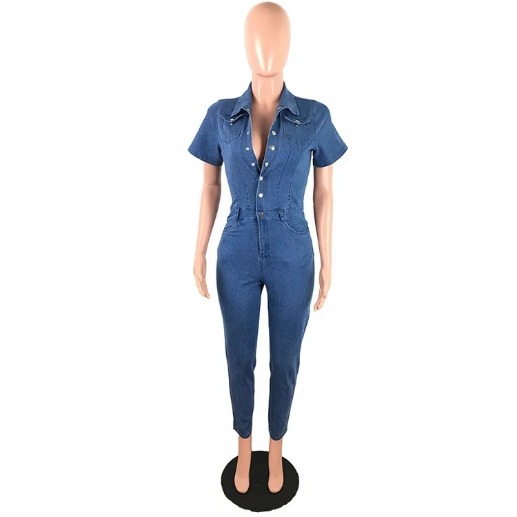D2323 Amazon Product High Quality Popular Summer Casual Solid Color Short Sleeve Long Jeans Buttons Women Denim Jumpsuit